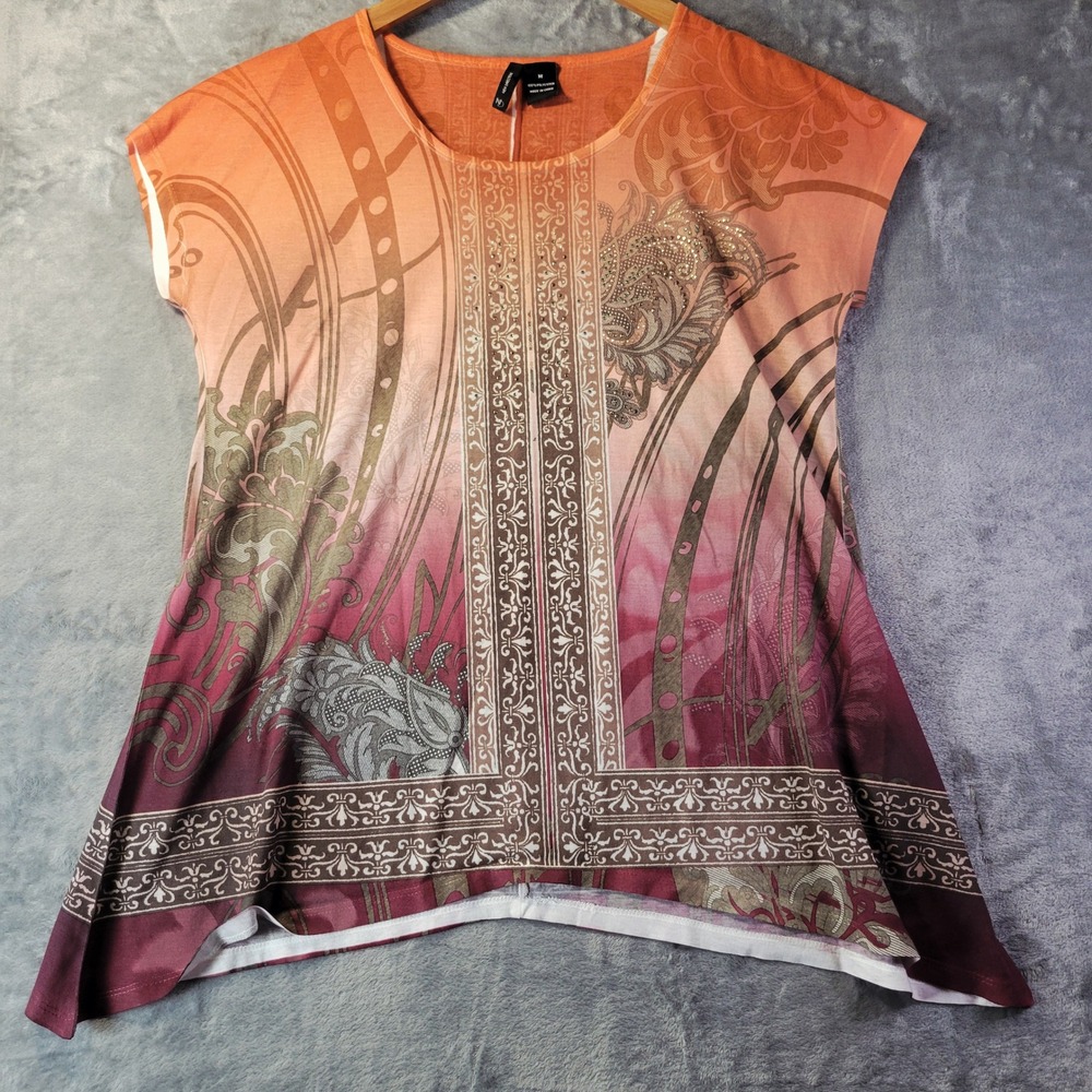 New Directions Womens M Orange Ombre Paisley‎ Rhinestone Handkerchief Hem Top